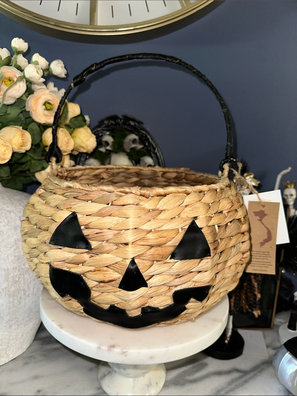 Seasonal Woven Jack-O'-Lantern Basket with Black Handle